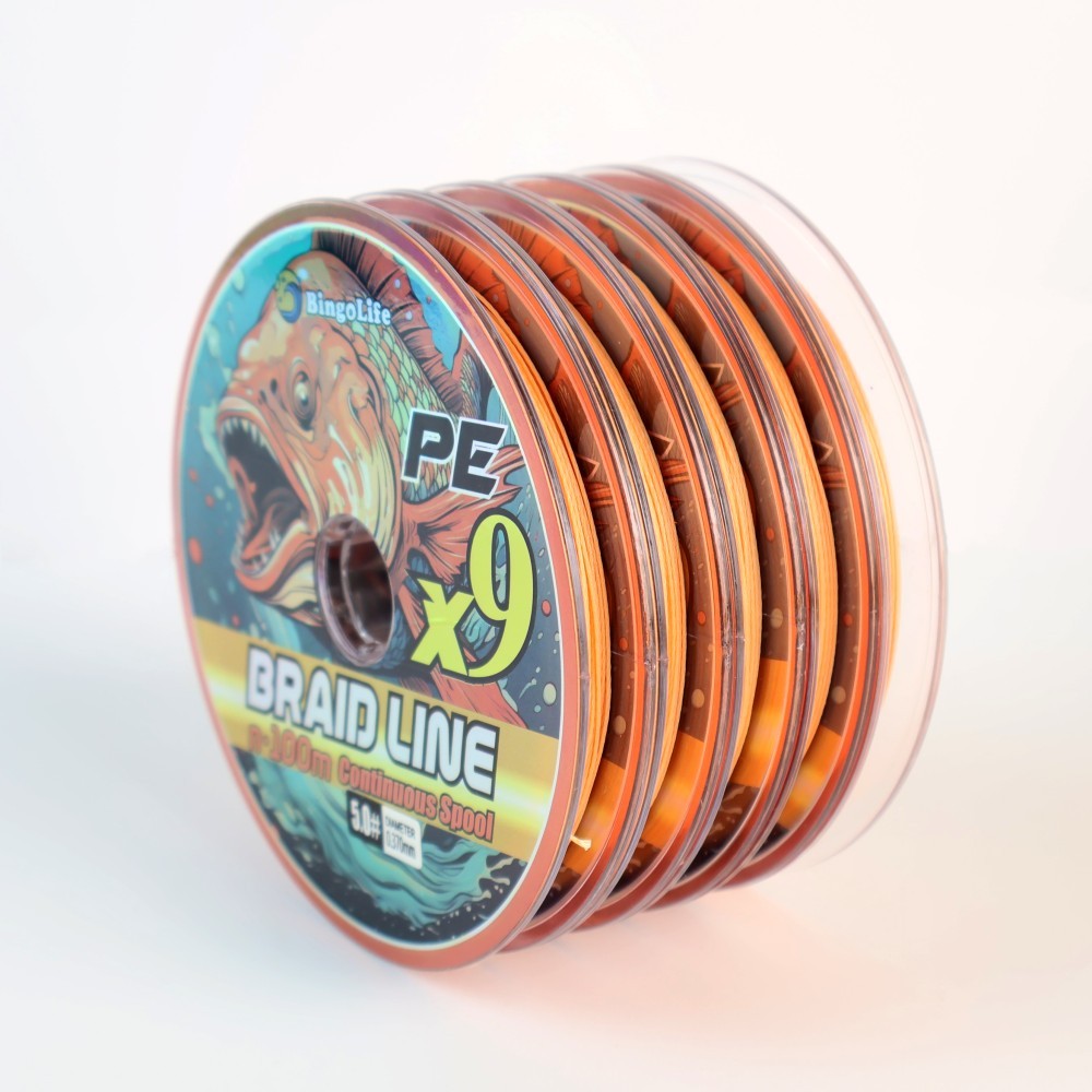 BingoLife สายตกปลาถัก PE X9 เชื่อมต่อ 5x100m โดยไม่ต้องแตกหักดึงพลังงาน 7 กก. ~ 40.3 กก. สีส้มสําหรั