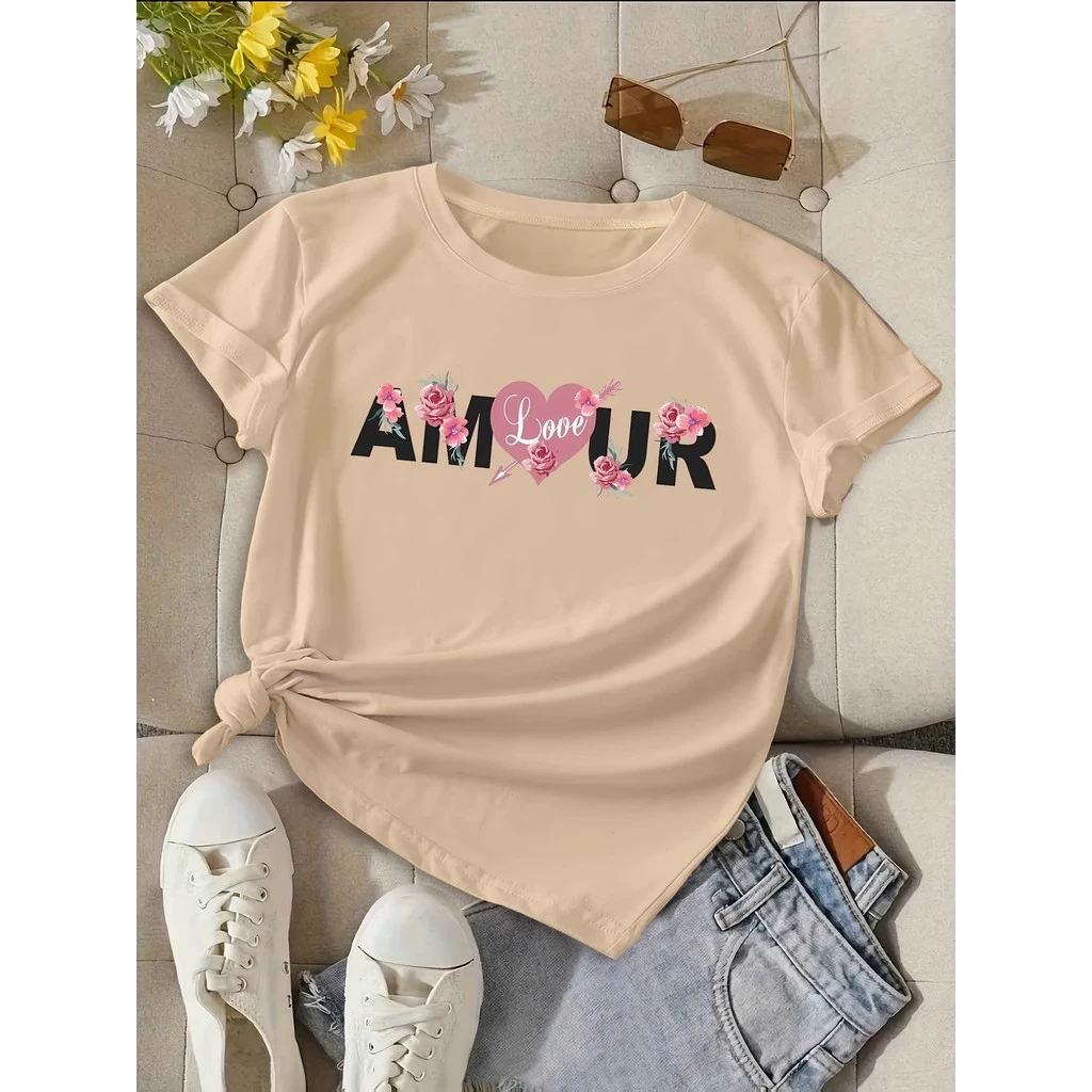 เสื้อยืดผู้หญิงคอวี AMOUR ลายหัวใจและดอกไม้สีชมพู thumbnail 8