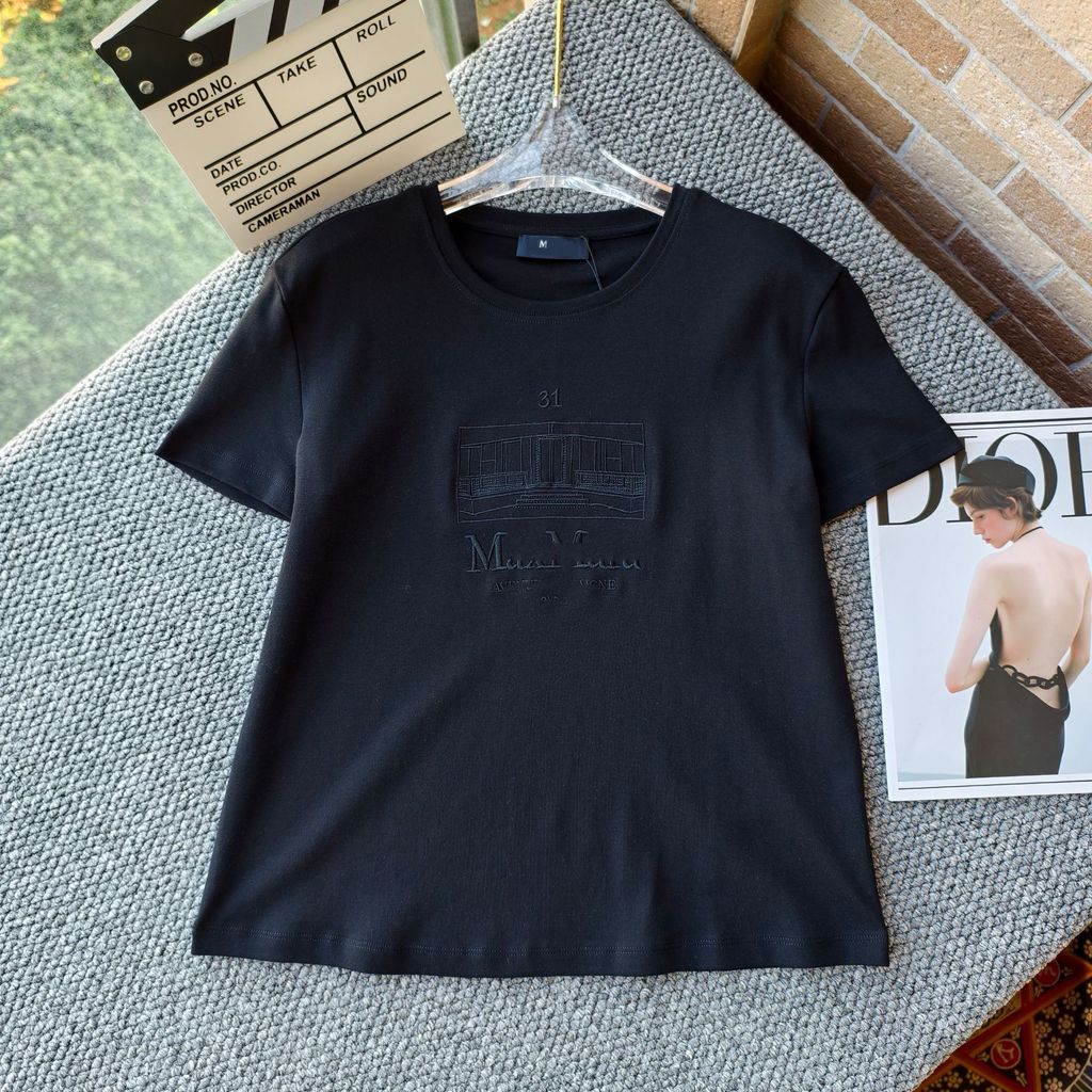 O3XH MaxMar* New Letter Embroidery Embossed Retro Fashion Versatile Round Neck Short Sleeve T Women'