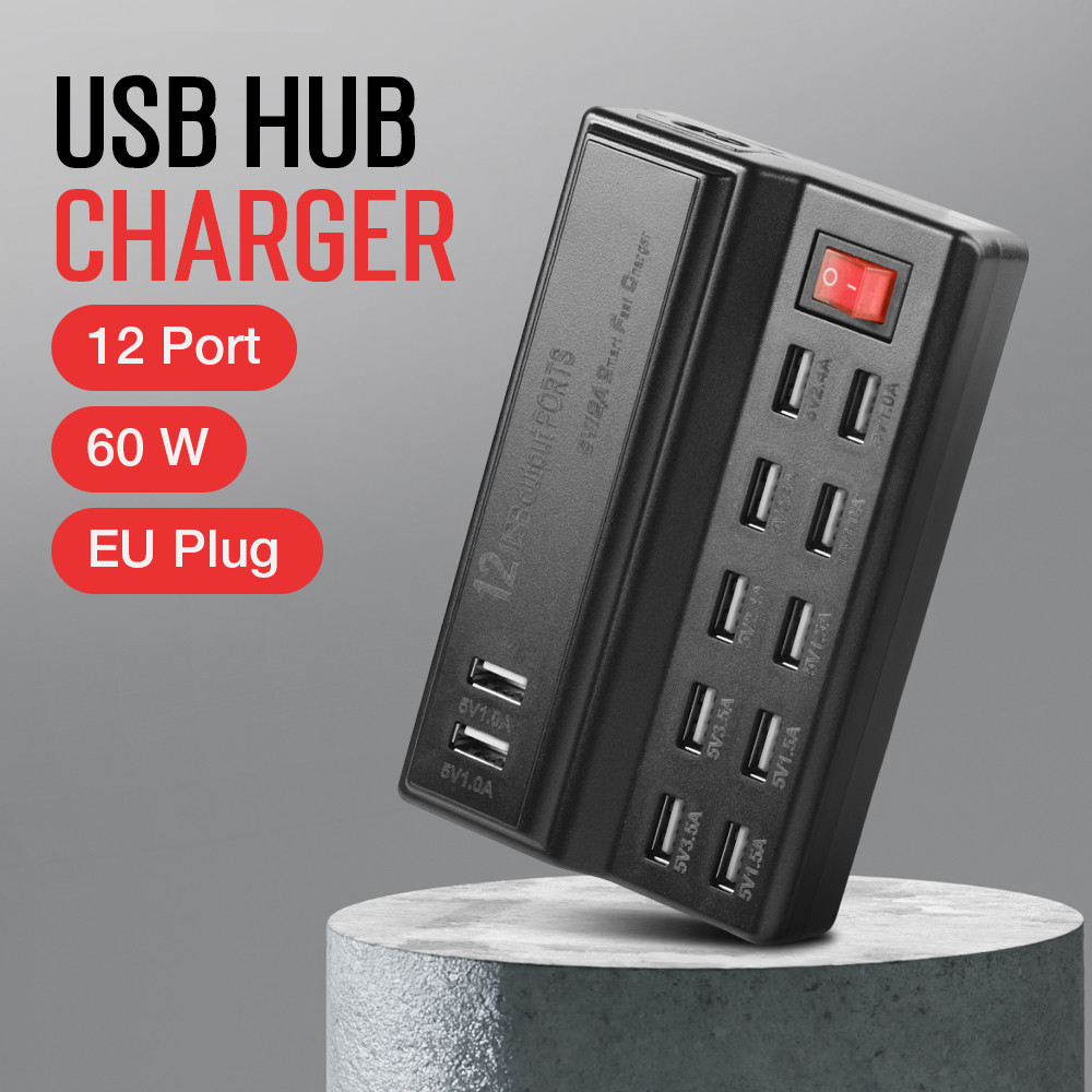 USB Hub Charger 12 พอร์ต 5V/12A 60W EU Plug พร้อมสวิตช์ YC-636