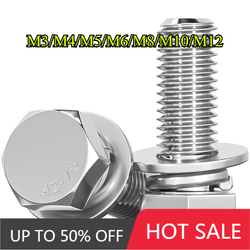 304 สกรูหกเหลี่ยมขอบสแตนเลส M3-M12 สกรูหัวหกเหลี่ยมสามสกรูผสม