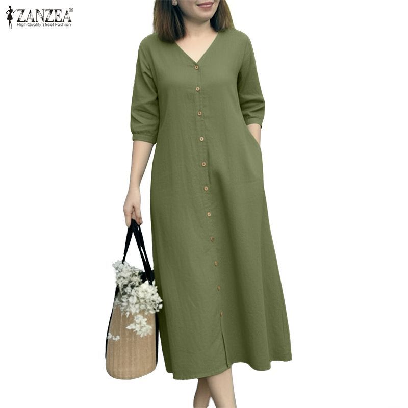 ZANZEA กระโปรง midi a-line สไตล์เกาหลี คอวีแขนยาว 3/4 เหมาะสำหรับใส่ทำงานหรือลำลอง