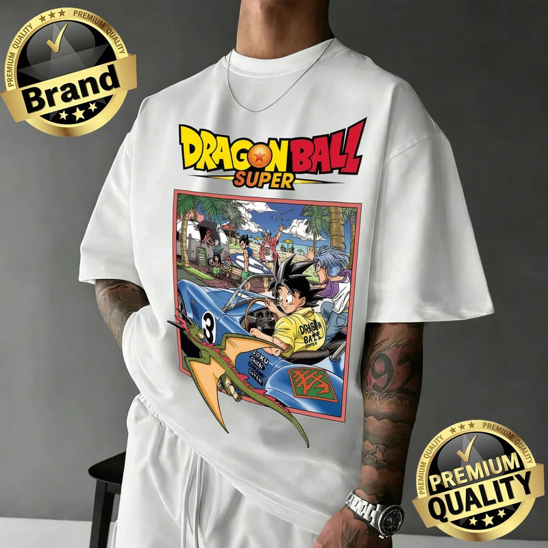 เสื้อยืดคอตตอนลายดราก้อนบอลซูเปอร์ รุ่นใหม่ปี 2026 ทรงโอเวอร์ไซส์สไตล์วินเทจ ลายกราฟิกโกคูแข่งรถ สำห