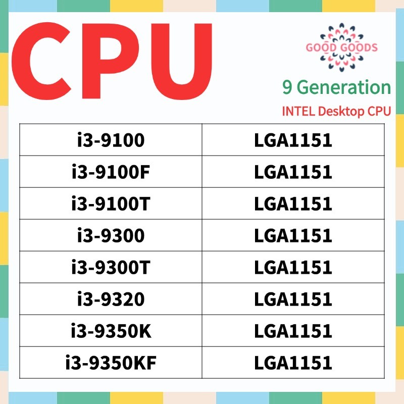 I3-9100 i3-9100F i3-9100T i3-9300 i3.9300T I3-9100TE i3-9320 i3-9350K i3-9350KF 9th generation CPU C