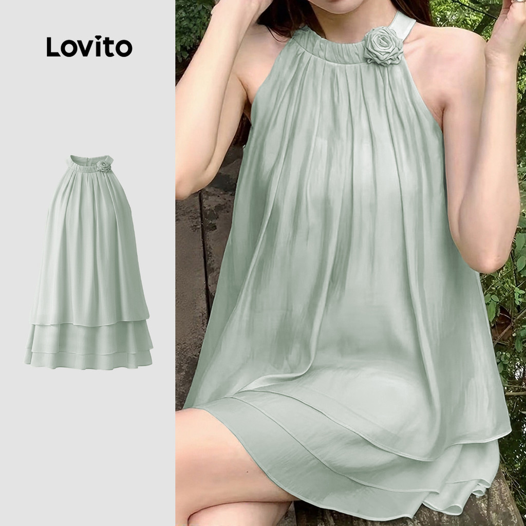 (NEW) Lovito  เสื้อท่อนบนสีเขียวอ่อนสําหรับผู้หญิงในฤดูใบไม้ผลิหรือฤดูร้อน แบบลําลองหรือกางเกง ตกแต่งด้วยการเย็บจีบ LK3ED1064