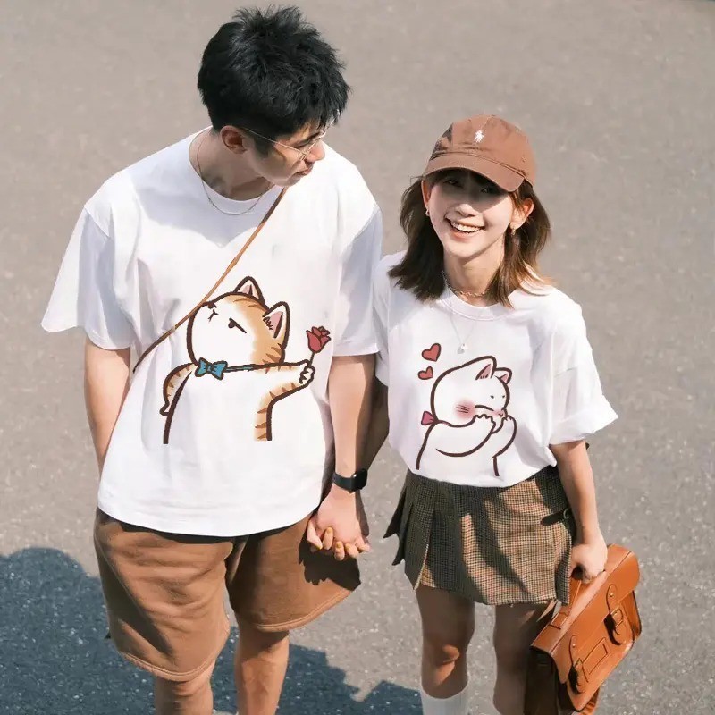 💗Top.basic💗เเสื้อคู่แฟน oversize เสื้อแฟชั่น เกาหลี โคตรนุ่ม ผ้าคอตตอน ลาย "Love cat" สินค้าใหม่ เสื