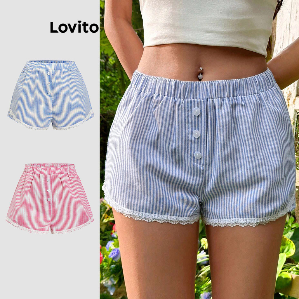 Lovito กางเกงขาสั้นน่ารักลายทางลูกไม้สั้นสําหรับผู้หญิง L90AD038 (หลากสี)