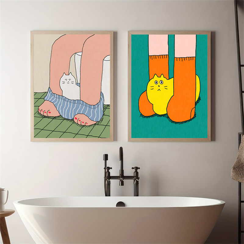 Creative สนุกห้องน้ําโปสเตอร์ Minimalist การ์ตูน Cat Art พิมพ์ Restroom Ins สไตล์ Wall Art ภาพผ้าใบภาพวาดตกแต่งบ้าน
