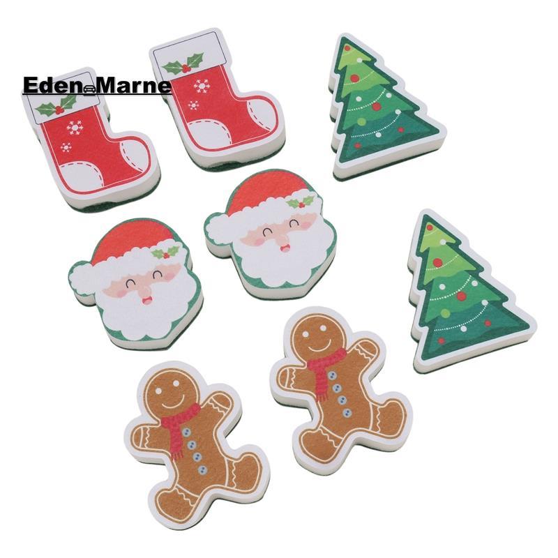 [Eden_Marner]ฟองน้ําคริสต์มาส 8 ชิ้นห้องครัวฟองน้ําจานสองด้านเช่นแสดงสําหรับล้างจาน Santa Christmas 