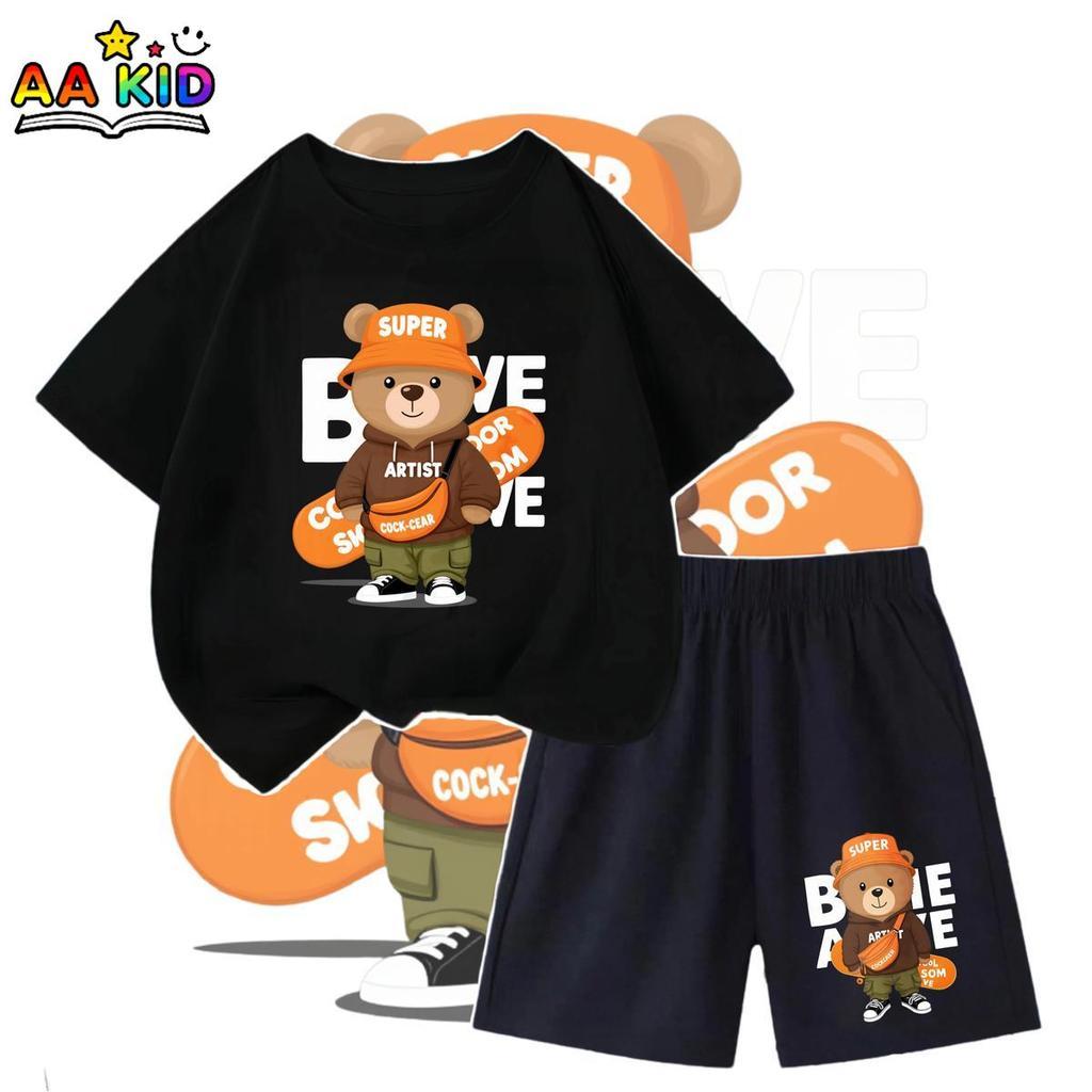 [COD] ใหม่!! !    ชุดเด็กปี 2026 เสื้อยืดและกางเกงขาสั้น! 'ศิลปินหมีซุปเปอร์'! หมีน้อยน่ารักใส่หมวกสีส้ม สไตล์สตรีท ✨