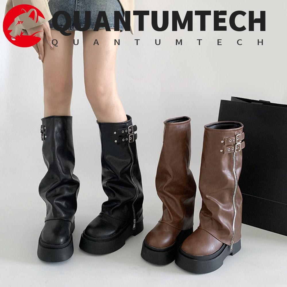 QuantumTech รองเท้าบู๊ทผู้หญิง ออกแบบใหม่สไตล์ยีนส์สูง แฟชั่นปังค์