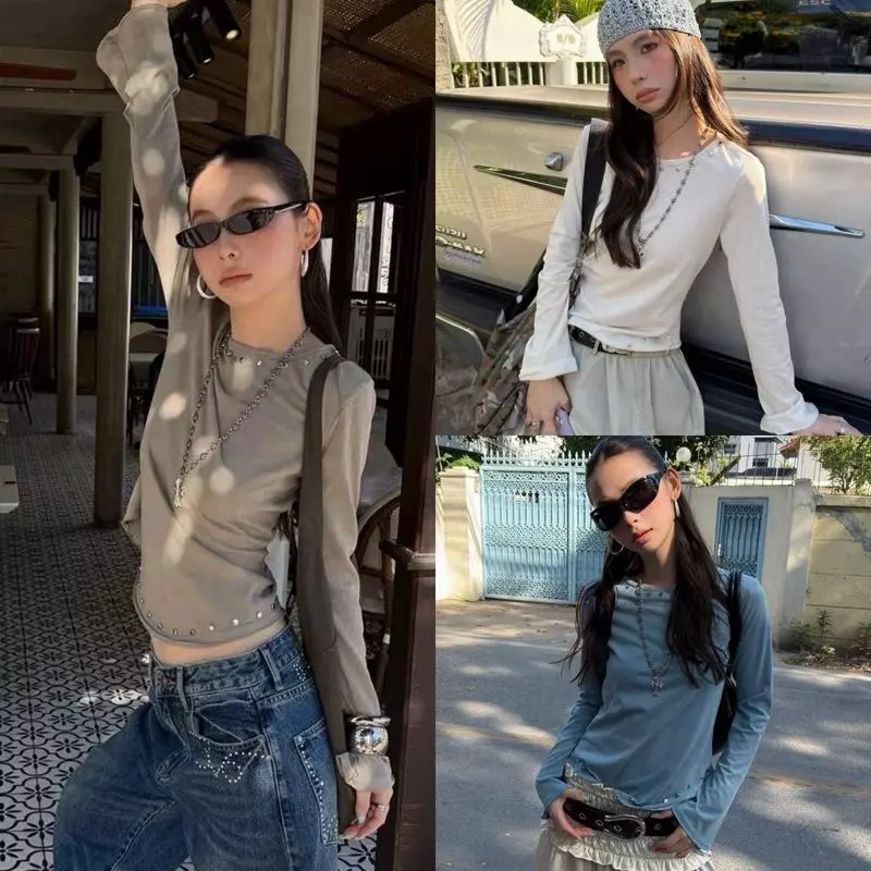 **พร้อมส่ง SM**BY0463 เสื้อแขนยาวแขนกระดิ่ง ผ้าสลาฟไม่ยืด แต่งหมุด benly co