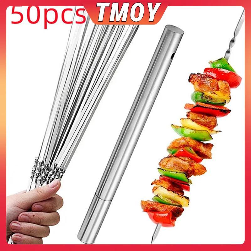 TMOY 50 ชิ้นสแตนเลสบาร์บีคิว Skewers Reusable BBQ Skewers Kebab Iron Sti สําหรับกลางแจ้ง Camping Picnic เครื่องมือทําอาหาร TMOY