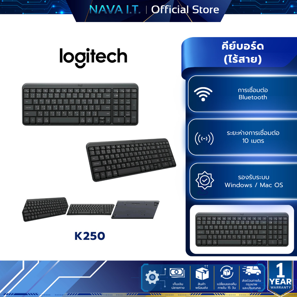 WIRELESS KEYBOARD (คีย์บอร์ดไร้สาย) LOGITECH K250 - GRAPHITE