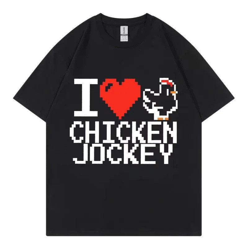 เสื้อยืดลายพิมพ์ตลก "I Love Chicken Jockey" สไตล์ฮาราจูกุ เกมการ์ตูน เสื้อยืดแฟชั่นลำลองสำหรับผู้ชาย