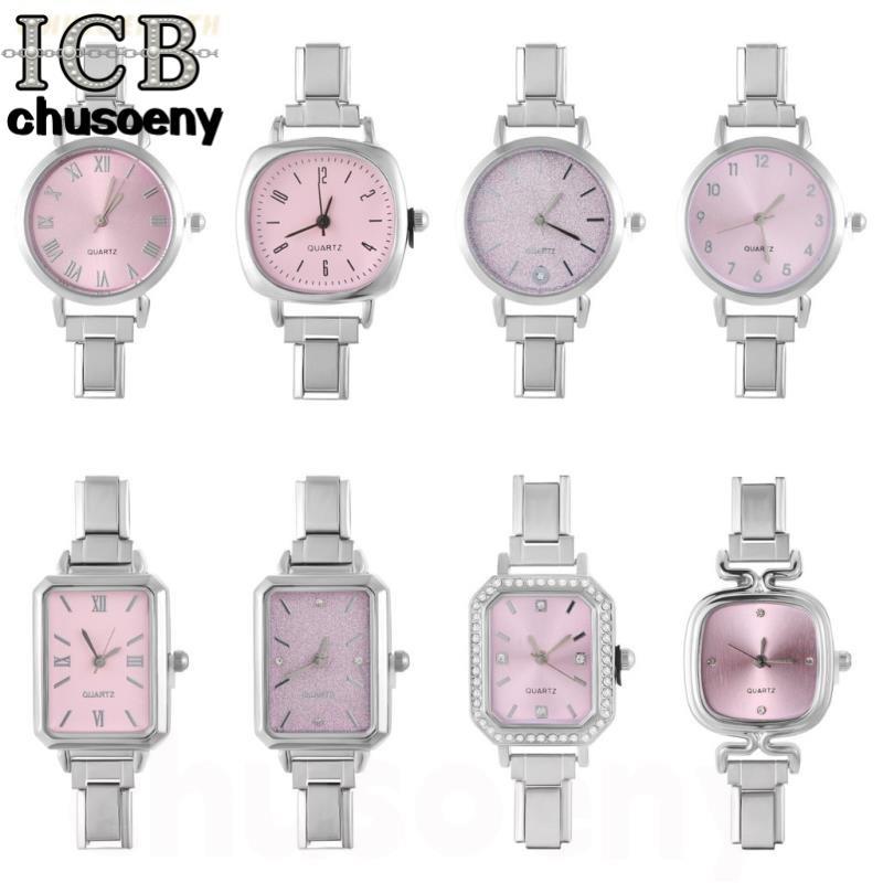 Silver Header หน้าปัดสีชมพู DIY สายโมดูลดิจิตอล Splicing นาฬิกา Vintage Wild Modular นาฬิกาอิตาเลี่ยน Charm สร้อยข้อมือสร้อยข้อมือสแตนเลสแฟชั่นอุปกรณ์เสริม