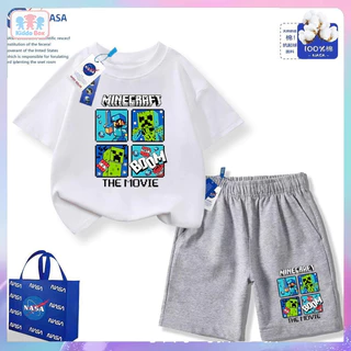 Kiddo Box สุดหล่อ กางเกงขาสั้นแขนสั้นฤดูร้อนตัวใหม่สำหรับเด็กชายและเด็กหญิงทั้งขนาดกลางและใหญ่