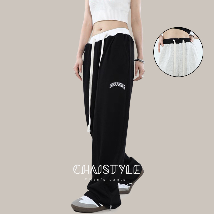 Chaistyle สตรีทสไตล์อเมริกัน กางเกงขายาวลำลอง กางเกงทรงตรง แมทช์ลุคง่าย สีตัดกัน แบบหลวม กีฬา รุ่นเดียวกันทั้งชายและหญิง