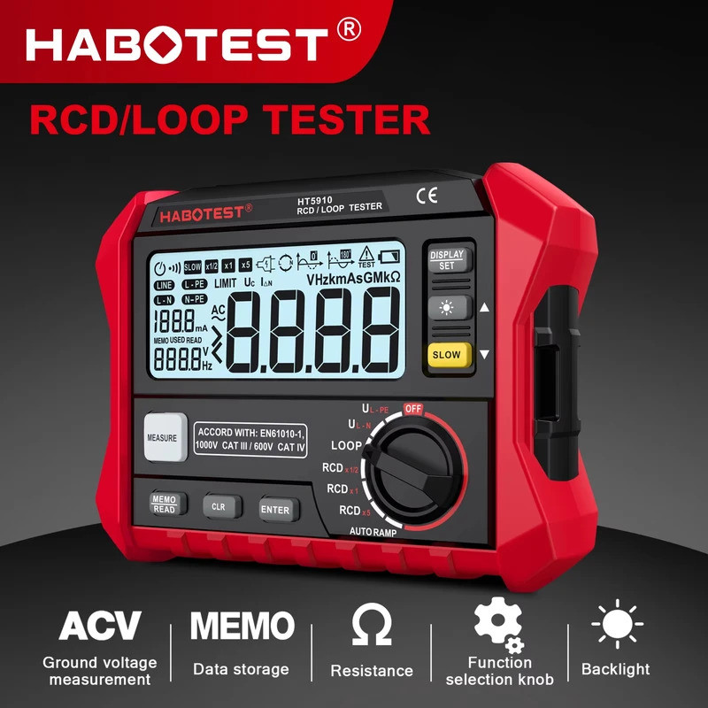 ผู้ผลิตคุณภาพ HABOTEST HT5910 เครื่องทดสอบสวิตช์การรั่วไหล LCD Digital Resistance Meter RCD/Loop Tes