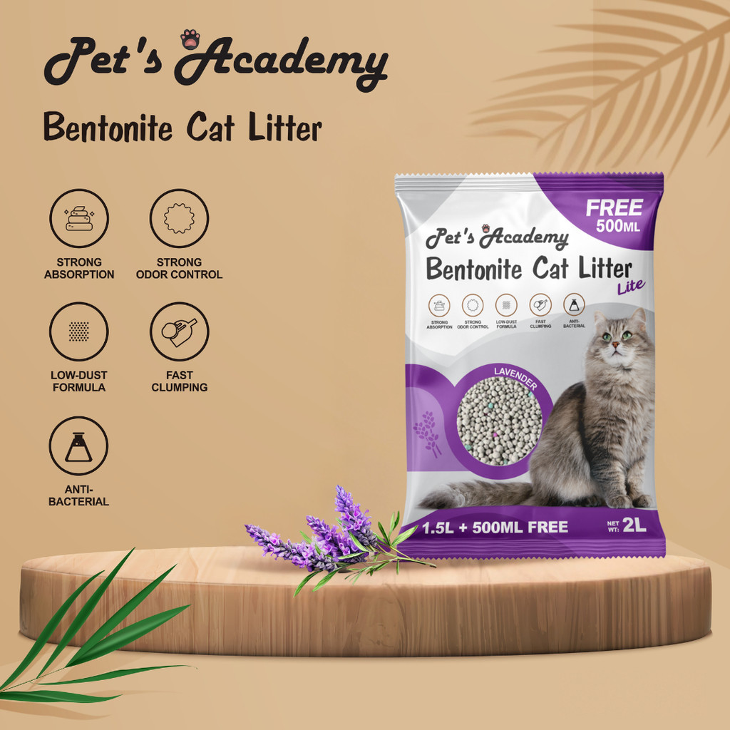 PETS ACADEMY ลาเวนเดอร์ Bentonite Cat Litter 2L Strong Clumping & Absorption, ฝุ่นต่ํา Pasir Kucing 