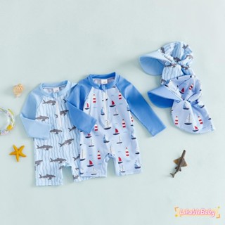 ชุดว่ายน้ำเด็กชายวัยหัดเดิน พิมพ์ลายเรือใบและปลาฉลาม แขนยาว …