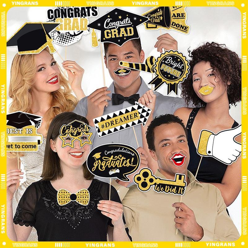 [yingrans] 28 ชิ้นรับปริญญา Photo Booth Props ชุด, DIY ตกแต่งการถ่ายภาพสําเร็จการศึกษา Party Pose ป้