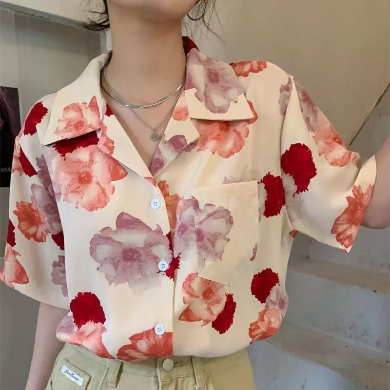 เสื้อเชิ้ตแขนสั้นคอวีลายดอกไม้ สไตล์ย้อนยุคผู้หญิง thumbnail 4