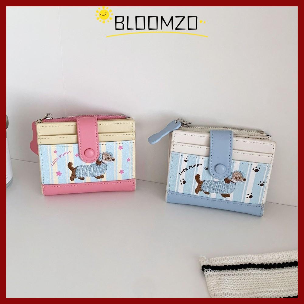 BLOOMZO กระเป๋าใส่เหรียญ,ซิปการ์ตูนสุนัขกระเป๋าสตางค์สั้น,Ins PU Dachshundการพิมพ์Dopamineสีกระเป๋าบัตรผู้หญิงสาว