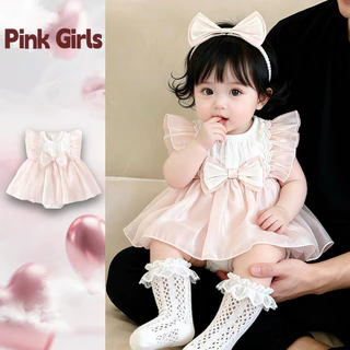 ชุดรอมเปอร์สีชมพูกับโบว์สไตล์เจ้าหญิง สำหรับเด็กหญิงอายุ 0-24 เดือน พร้อมสวมใส่ในวันสำคัญ