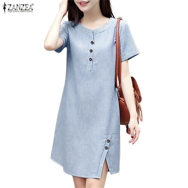 ZANZEA ชุดเดรสคอกลมแขนสั้นดีไซน์ผ่าครึ่งกระดุมสําหรับผู้หญิงเกาหลีทุกวัน