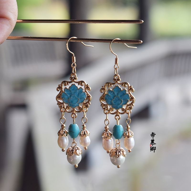 Di Muqing Hand-Made Burnt Blue ต่างหู Yingya ต่างหูคู่ Hanfu ต่างหู Wei Jinfeng ที่เกี่ยวหูคลิปหู #G