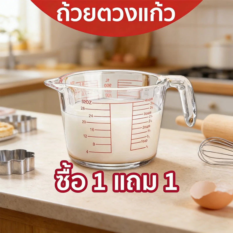 ซื้อ 1 แถม 1 แก้วตวง เหยือกตวง ทำจากแก้วอย่างหนา สามารถอุ่นได้ 350ml 500ml 1000ml
