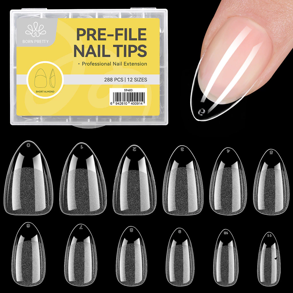 【Local】BORN PRETTY เล็บปลอมอัลมอนด์สั้น Matte 288 ชิ้น 12 ขนาด Pre-shape ใส พร้อมฐานคลุมสําหรับคลุมทั้งหมด