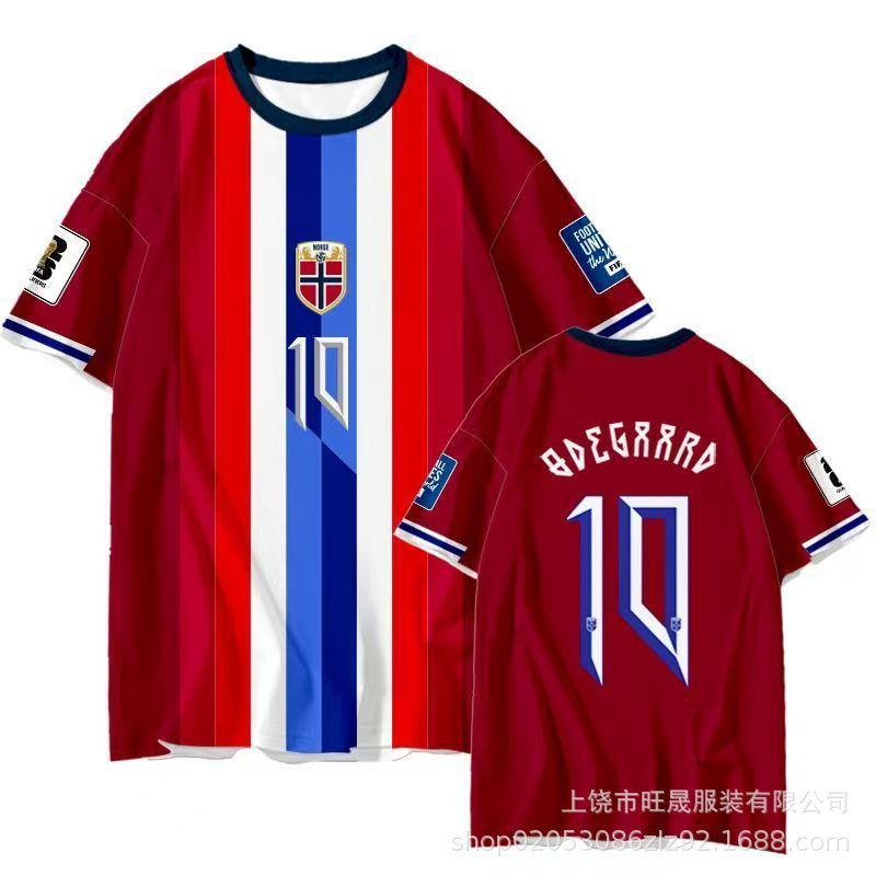 เสื้อทีมชาตินอร์เวย์ Haaland Edition สำหรับผู้ชายและผู้หญิง ออกแบบมาเพื่อความแห้งเร็วในเกมฟุตบอล World Cup Qualifiers