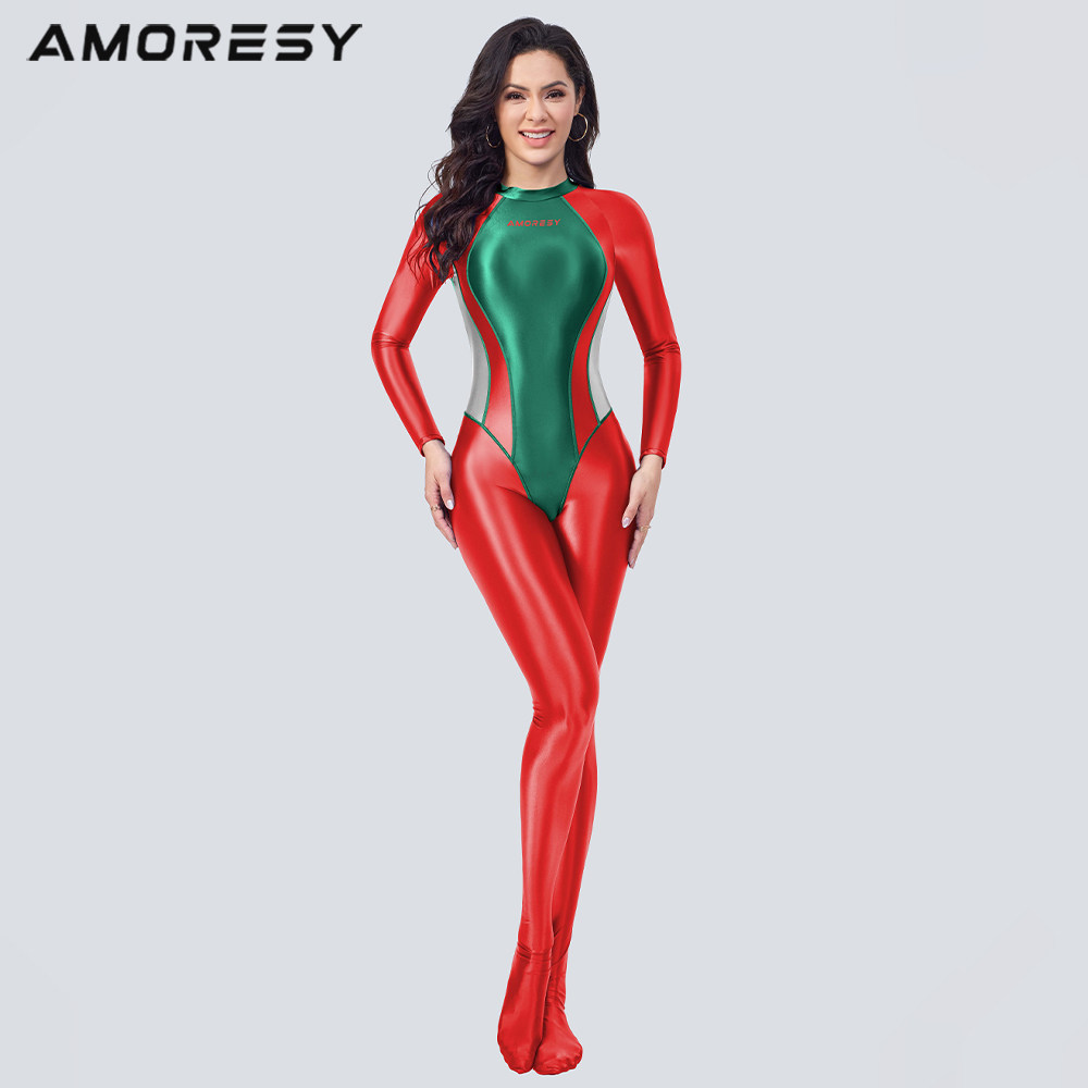 AMORESY จั๊มสูทแขนยาว สแปนด์เซ็กซ์ สไตล์คริสต์มาส