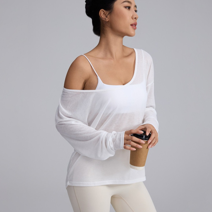 【LASYYOGA】 เสื้อยืดคอหลวมแบบRibbed ไม่มีชุดชั้นใน แขนยาวสำหรับโยคะและฟิตเนส สวมใส่สบาย