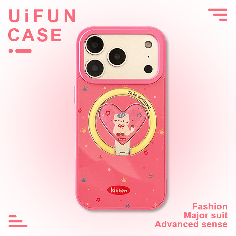 แมวน่ารัก Love Heart Holder ขาตั้งแม่เหล็กเคสโทรศัพท์สําหรับ iPhone 17 16 15 14 13 Pro Max 17Promax กันกระแทกอะคริลิค Hard PC ปลอกปกหลัง