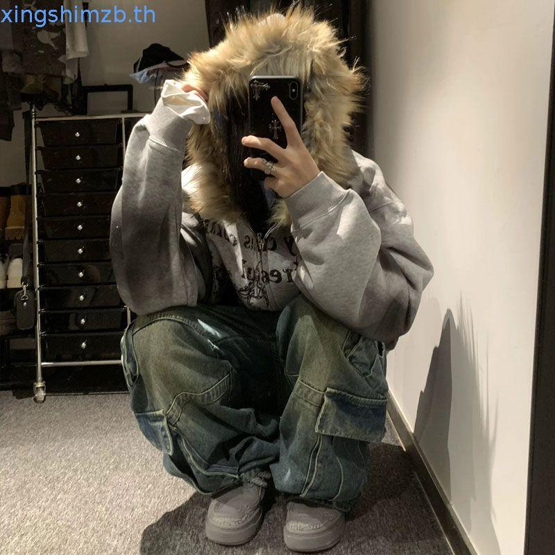 American Retro Y2k Millennium Fur Collar Zipper Hooded Jacket สําหรับผู้หญิง Dark Street Jacket