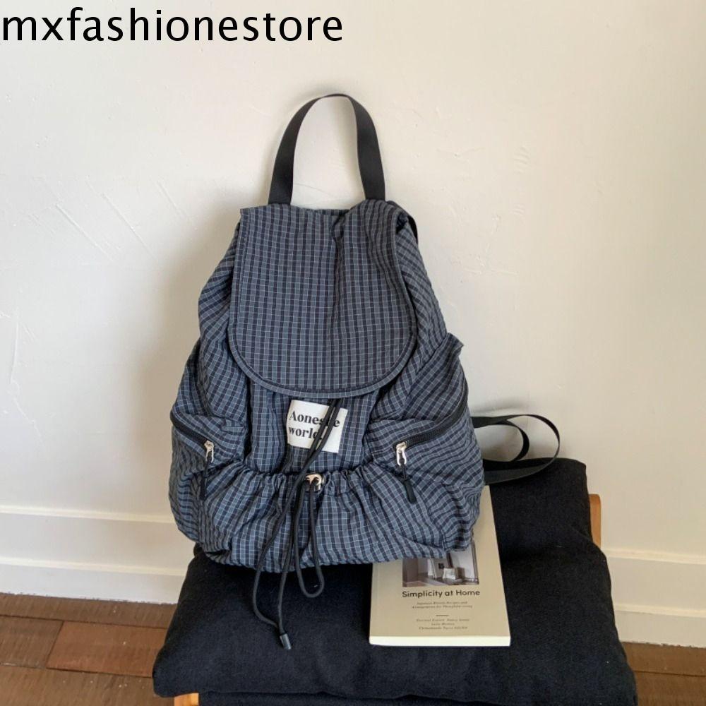 MXFASHIONE Drawsting Backpacks, Nylon Plaid Ruched Shoulder Bags, Korean Large Capacity Korean Solid