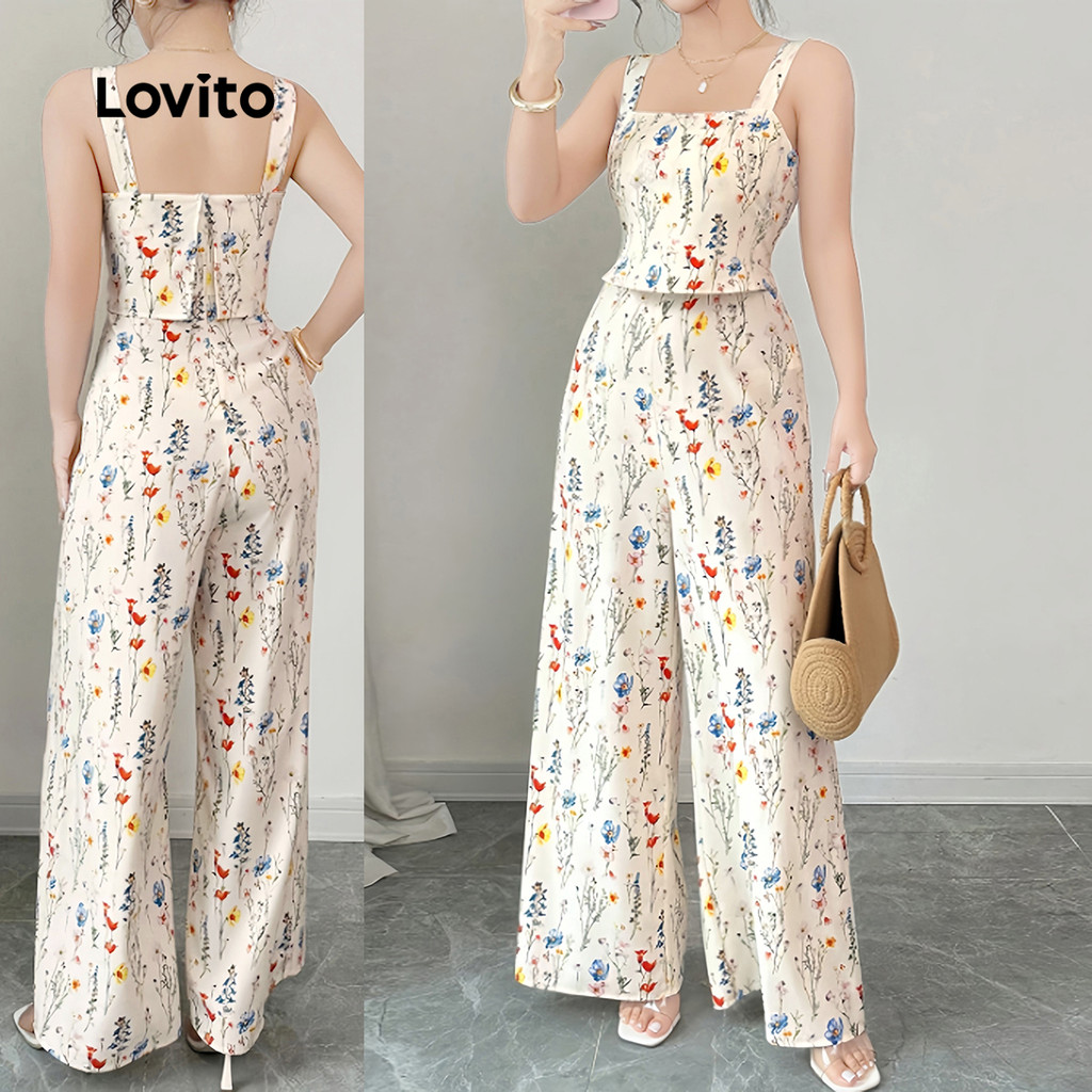 Lovito ชุดจั๊มสูทสไตล์โบฮีเมียนสำหรับวันสงกรานต์ ชุดจั๊มสูทซิปสองชั้นสำหรับผู้หญิง L177AD154