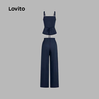 Lovito สง่างาม เสื้อหรือกางเกงลูกไม้ติดกระดุมชุดสีน้ําเงินกรมท่าฤดูใบไม้ผลิ/ฤดูร้อนสําหรับผู้หญิง หลวม เกาหลี อินเทรนด์ L179AD056