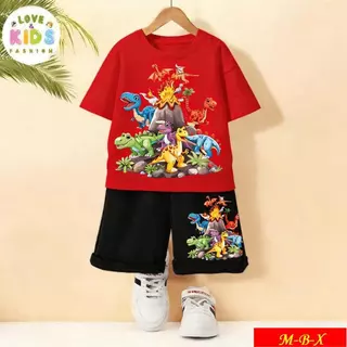 [COD]New!!!*2026-ชุดเด็กชายสนุกๆ ลายไดโนเสาร์หลายสายพันธุ์รอบภูเขาไฟ | เสื้อ+กางเกงขาสั้น ใส่สบาย คุณภาพดี | Dinosaur Vo