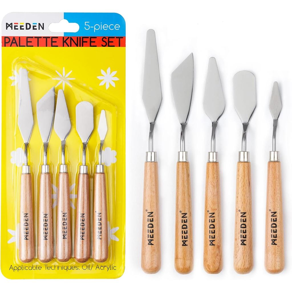 MEEDEN ชุดมีดจานสี 5 ชิ้น: มีดสแตนเลสภาพวาดพร้อมที่จับไม้ - ชุดมีดพาเลทสําหรับผ้าใบน้ํามันภาพวาดอะคร