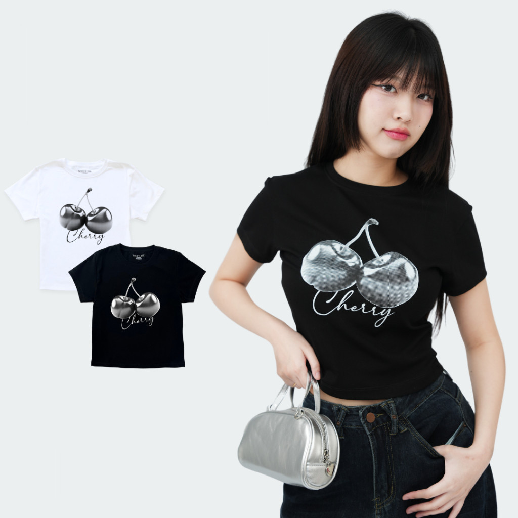 ลาย cherry silver เสื้อครอป ผู้หญิง เสื้อยืด baby tee เสื้อครอปเข้ารูป Baby Tee เสื้อยึด