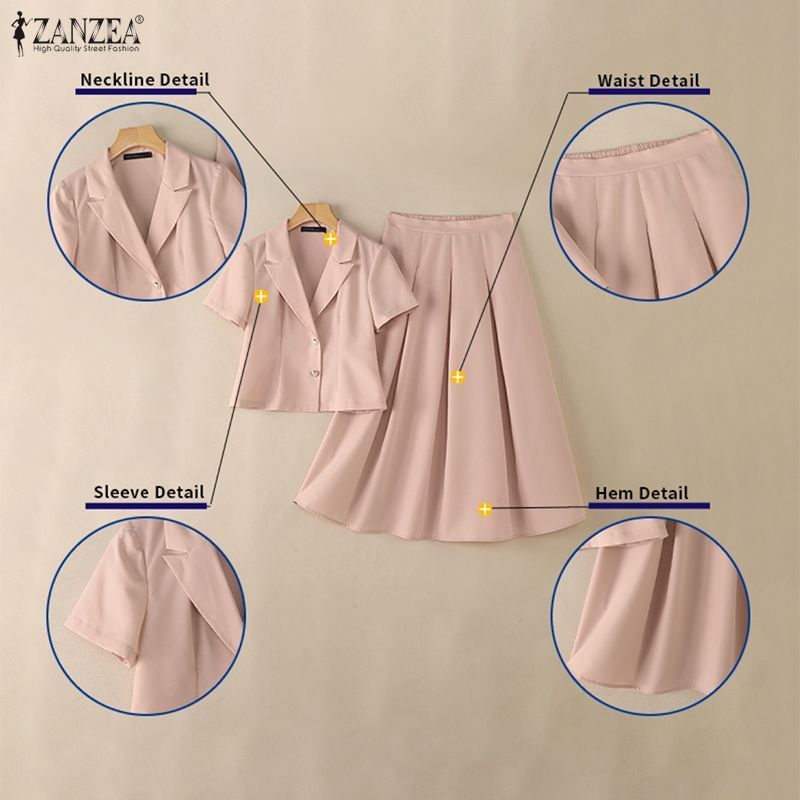 ZANZEA ชุดทำงานสำหรับผู้หญิงสไตล์เกาหลี ดีไซน์ notch lapel แขนสั้น แบบซิปเดียว pleats ทรง A-line — صورة 7