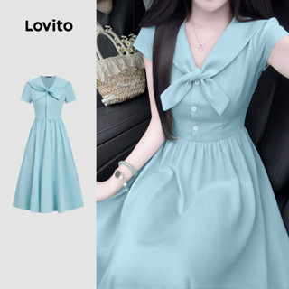 Lovito  เดรสผู้หญิงสีฟ้าฤดูใบไม้ผลิ/ฤดูร้อนผูกเชือกด้านหน้าแ…