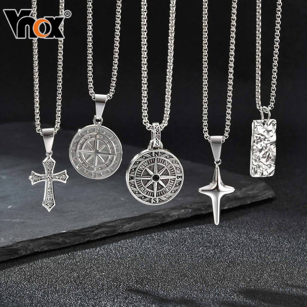Vnox เข็มทิศสแตนเลส Cross Geometric จี้สร้อยคอนำเสนอสไตล์เรียบหรู สำหรับผู้ชาย เป็นของขวัญที่เหมาะสม