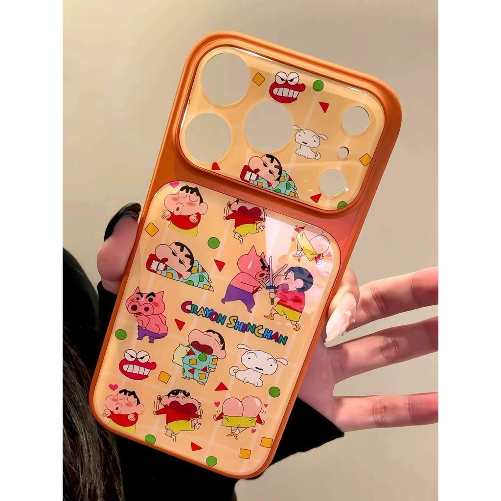 17โปรแม็กซ์ เคสโทรศัพท์ สีส้มสีเครยอนชินจังรูปแบบเหมาะสําหรับ ไอโฟน 11 12 13 14 15 16 17โปรแม็กซ์ กันกระแทกป้องกันกรณีหน้าต่างขนาดใหญ่ ทีพียู นุ่มกร