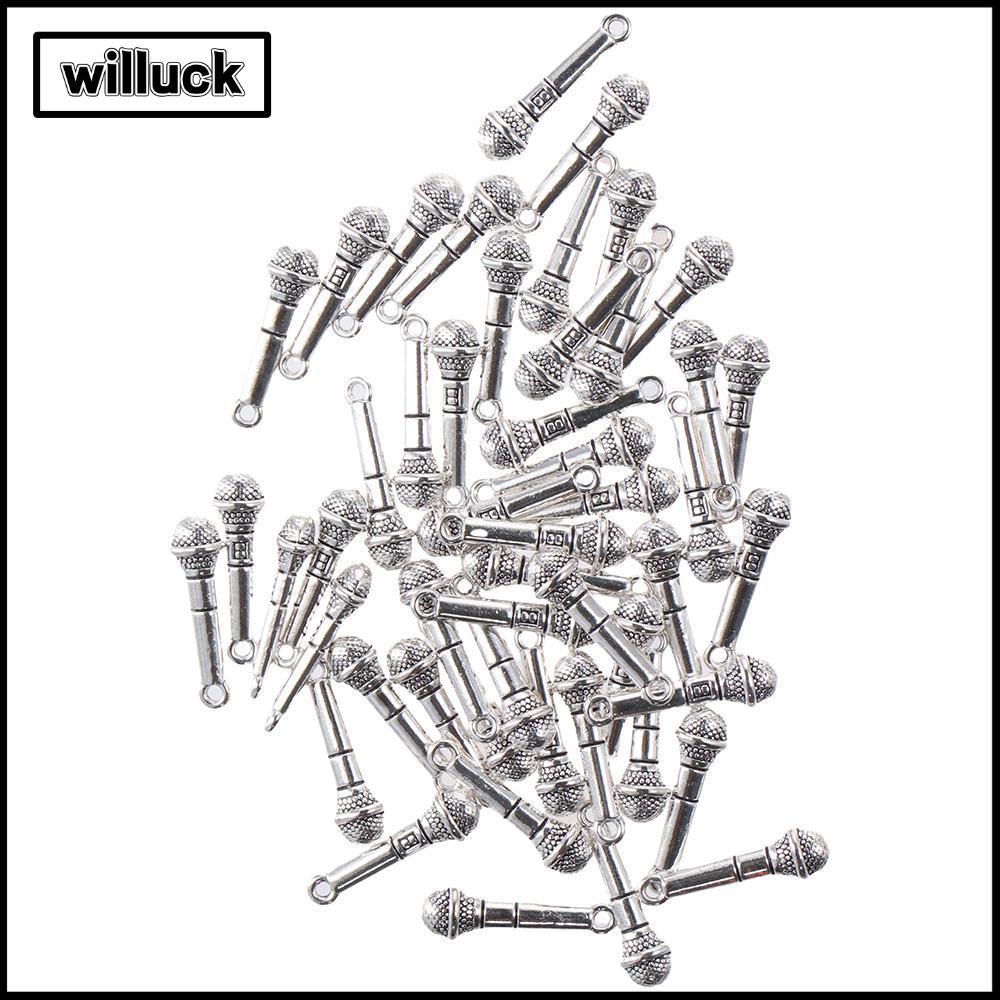 WILLUCK 50 ชิ้นไมโครโฟน Charms,โลหะผสมไมโครโฟน Charms,ไมโครโฟนจี้โบราณเงิน 24x7 มม.ทิเบต Charms พวงกุญแจ