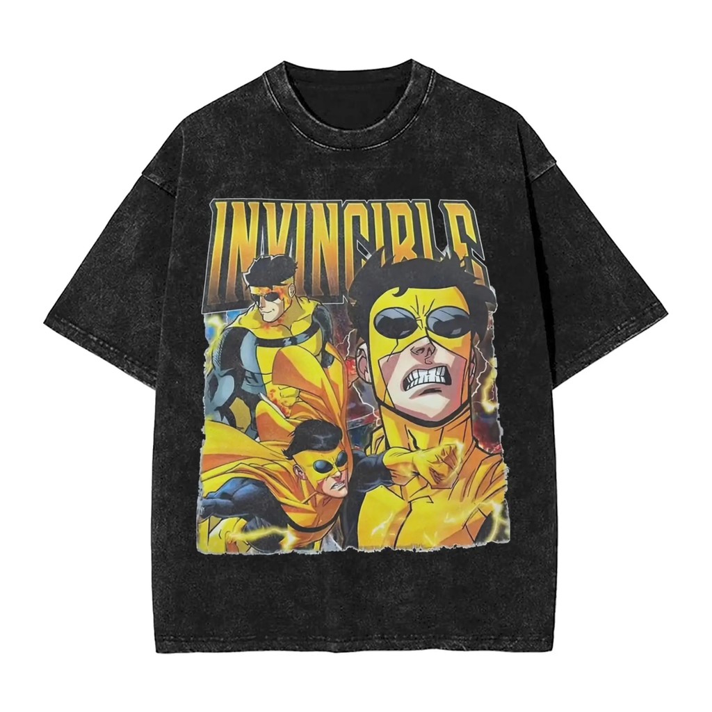 เสื้อยืดแขนสั้น ผ้าฝ้ายHeavyweight Washed พิมพ์ลายการ์ตูน Invincible Mark, Omni-Man, Thragg, Atom Ev